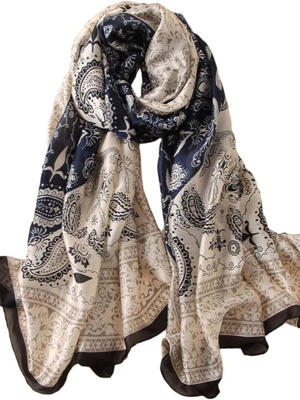 Women's Black Lightweight Silk Like Scarves Flowers Print Head Cotton Wrap Scarf - Picture 1 of 6